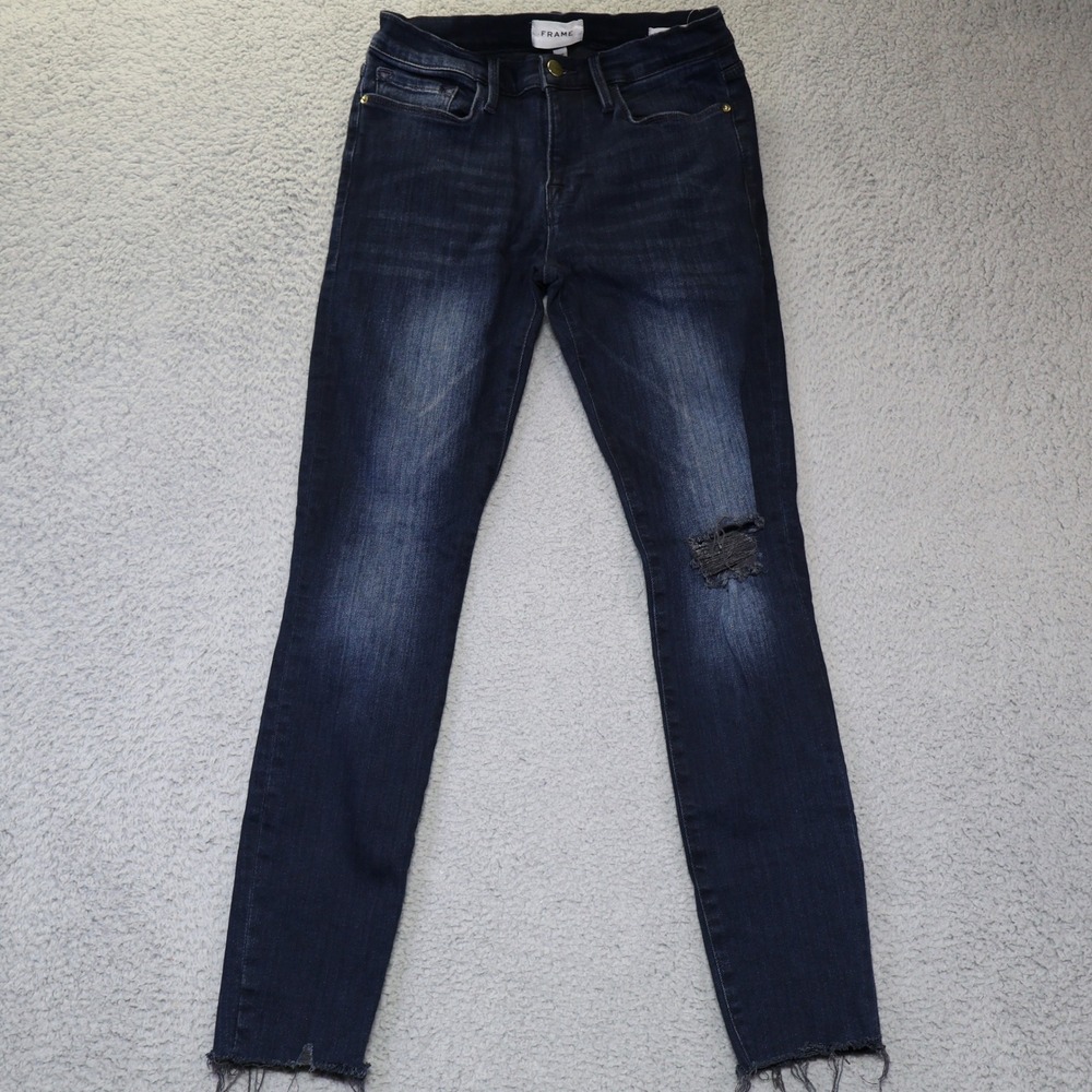 FRAME Le Skinny de Jeanne Jeans Dawn Chew Rips Distressed Dark Wash Size 29